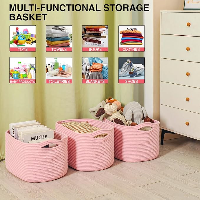 ICERZCZ Storage Baskets for Organizing Shelves, Pink Basket for Nursery, Woven Cotton Rope Baskets for Storage, Towel Basket for Bathroom, 15"x11"x9.5", 3 Packs, Light Pink - Image 4