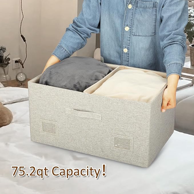 Storage Bins with Lids Fabric Closet Organizers Cubes Office Organization | 75 Quarts 1 Pack Beige Collapsible Stackable Linen Fabric 4 Handles Bedroom Closet Cabinet Under Bed Clothes Toy Office File - Image 3