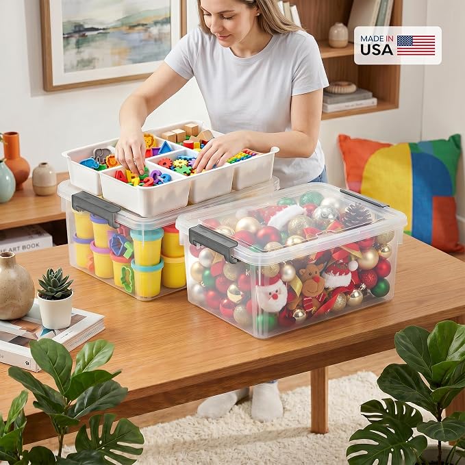 17QT 2Packs Clear Craft Organizers and Storage with Fixed-Compartment Tray, Art Supply Organizers and Storage, Craft Storage Bins with Lids for Beads, Markers, Playdoh, Tools and Coloring Books - Image 8