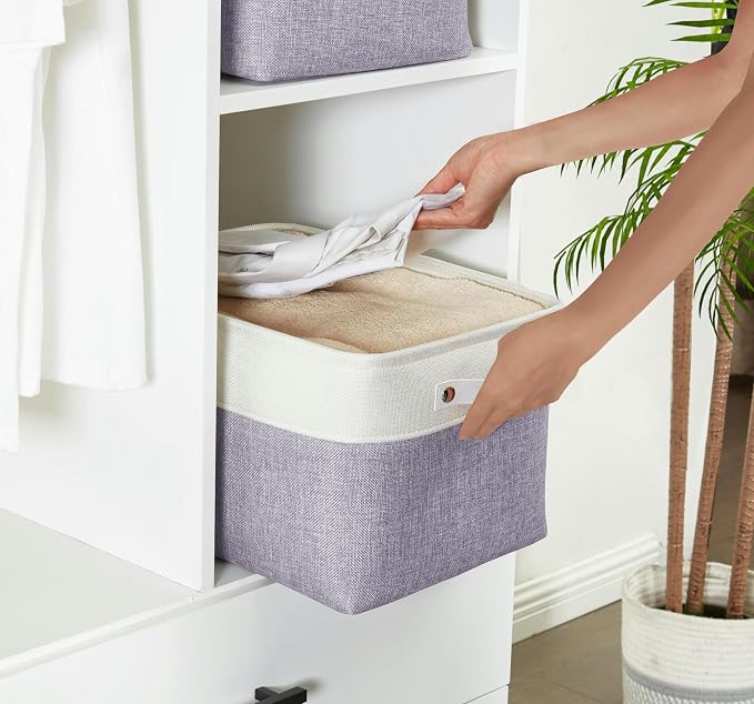 DECOMOMO Storage Bins, Large Fabric Storage Baskets for Shelves 3 Pack | 15 x 11 x 9.5 inches Decorative Linen Closet Organizers (Purple & White) - Image 2