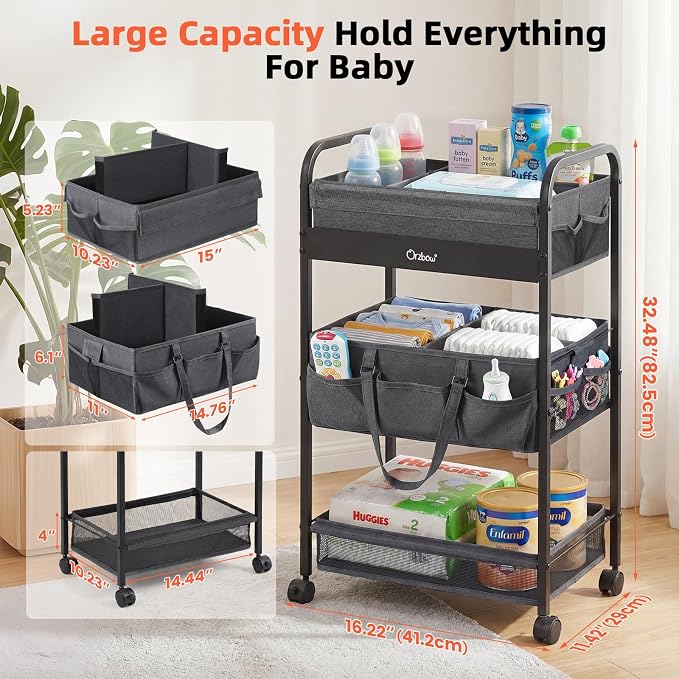 Orzbow Diaper Caddy cart, 3 Tier Baby Rolling Storage Cart | Detachable Infant Essentials Nursery Storage for Bedroom, Changing Table & Crib - Image 2