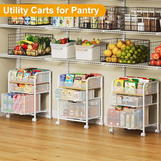 Yociyoga 3 Tier Rolling Cart with Drawers,Pantry Storage Cart with Wheels,Under Desk Storage Cart for Small Space,Pantry Floor Organizers and Storage,Metal Load-Bearing Utility Craft Cart,White - Image 9