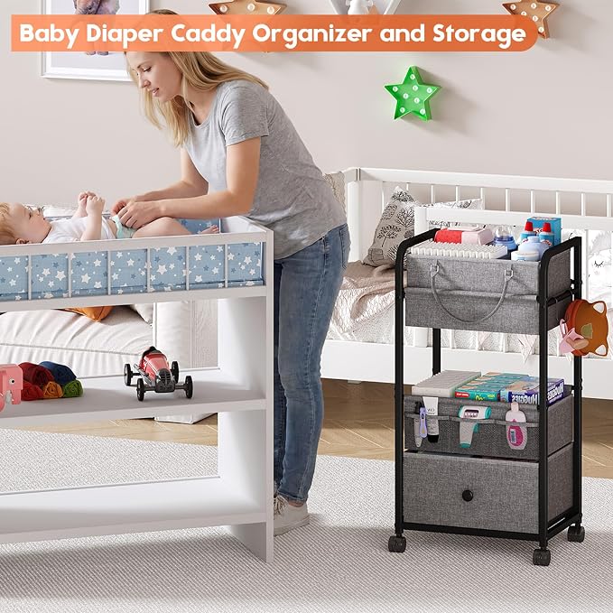 Cidaziya 3In1 Baby Diaper Caddy Organizer, 3 Tier Rolling Cart with Drawer, Detachable Dividers, Mobile Utility Cart Baby Dresser Clothes Organizer for Crib, Bedroom, Art & Craft Storage, Grey - Image 8