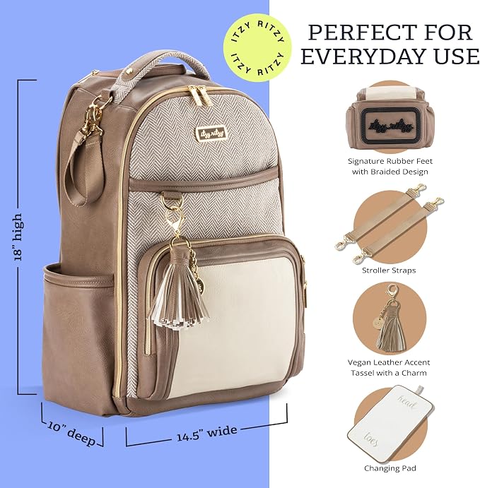 Itzy Ritzy Boss Plus Diaper Bag Backpack with 19 Pockets (Vanilla Latte) | Large Diaper Bag Backpack Includes 2 Insulated Bottle Pockets, Changing Pad, Stroller Clips, Padded Straps, Travel-Ready - Image 3