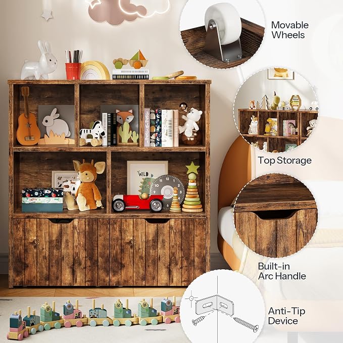 HOOBRO Toy Storage Organizer, Toy Organizers and Storage with 2 Movable Drawers and 5 Cubbies, Toy Chest Shelf for Books or Dolls, Kids Bookshelf and Toy Storage for Playroom, Rustic Brown BF88CW01 - Image 8