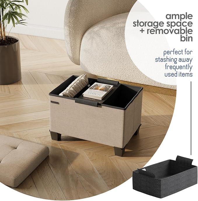 Storage Ottoman Cube with Small Bin, 16-in Square Ottoman with Storage for Living Room and Bedroom, Small Ottomans Foot Rest, Fabric Foot Stools Ottomans Max 330lbs, Taupe - Image 3