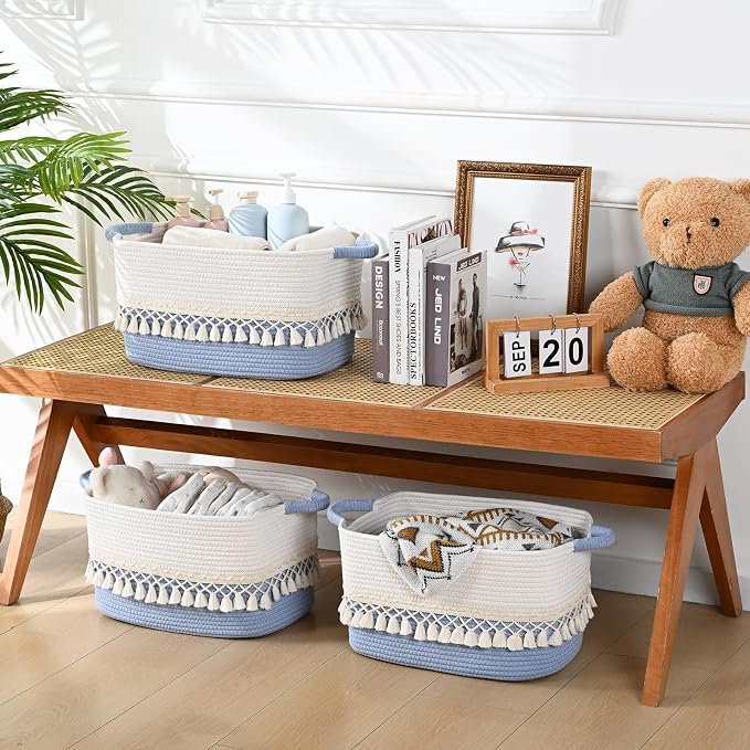 2 Pack Storage Basket, Heavy Tassel Woven Baskets for Storage, Boho Cotton Rope Storage Bin, Cube Organizer Bins, Baby Laundry Basket for Clothes, Toys, Diapers, Pets（White & Blue） - Image 5