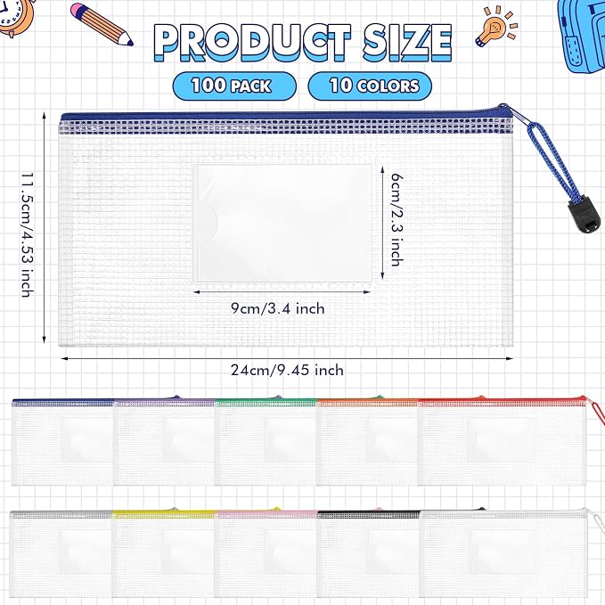 Handepo 100 Pcs A6 Mesh Zipper Pouch Bags with Label Pocket 9.45x4.53 Inch Waterproof Small Zipper File Bags Bulk Color Pencil Document Multipurpose Pouches for Office Travel Puzzles Games Organizing - Image 2