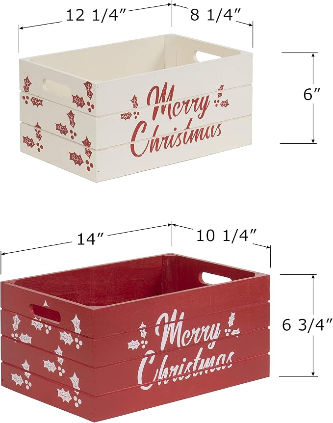 Red Co. Set of 2 Red and White Decorative Nesting Wooden Merry Christmas Storage Crate Organizers with Lettering - Image 4