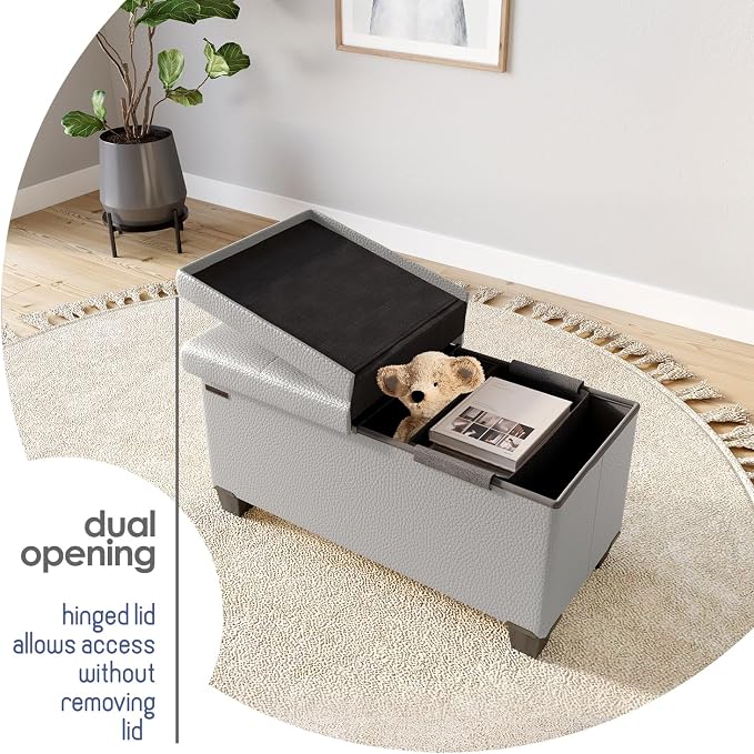 Storage Ottoman Bench with Bins, 30-in Storage Bench for Bedroom End of Bed, Folding Foot Rest Ottoman for Living Room Max 660lbs, Leather Ottomans, Light Grey - Image 9