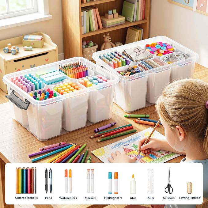 17QT 2Packs Clear Marker Organizer – 6 Detachable Inserts, Stackable Craft Organizers and Storage, Art Supply Organizer for Markers, Crayon, Pencils, Pens and Craft Supplies - Image 4