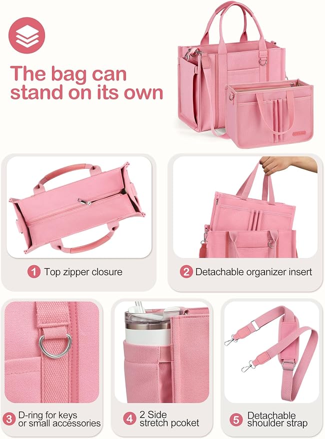 BESBESME Women’s Canvas Tote Bag with Zipper and Compartments – Multi-Pocket Laptop Work Crossbody Shoulder Tote Purse - Image 2