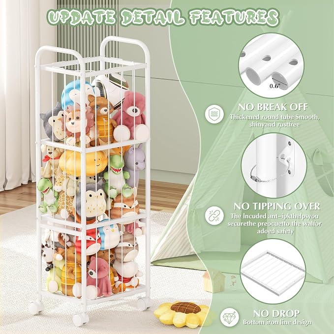 Stuffed Animal Storage Organizer with Wheels for Nursery Playroom | 53.5"x18.1"x13", holds 50+ plushies, sturdy metal frame, 4 casters with 2 brakes, wall anchor included, rounded corners - Image 4
