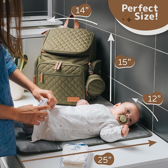 Large Diaper Bag Backpack for Mom & Dad | Unisex Baby Travel Bag | 15 Pockets | Changing Pad | Stroller Straps | Stylish & Washable | Newborn Essentials | Army Green - Image 3