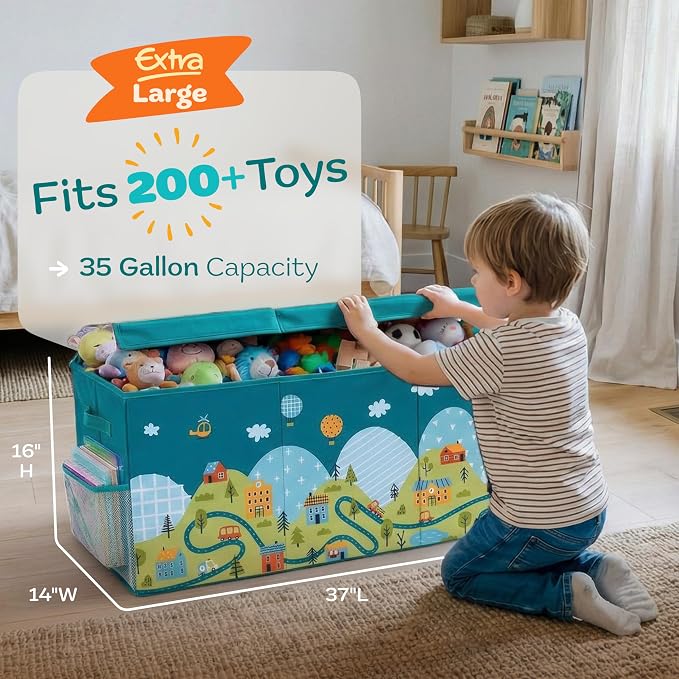 SoftOwl Extra Large Toy Storage Organizer with Lid - Sturdy, Collapsible Toy Chest Storage Box with Cute Design - Toys Bin with Dividers for Kids, Boys, Girls, Nursery, Bedroom, Play room 37"x16"x14" - Image 2