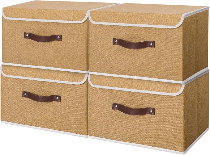 ANMINY Fabric Storage Box Bins with Lids, Khaki, 13"x9"x7.9", 4 Pack | Keepsake Memory Storage, Cotton Linen, PP Board Reinforced, Washable, PU Handles, Foldable & Stackable, Decorative, Medium by ANMINY