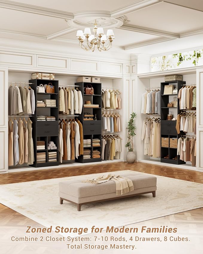 Besiost Small Closet System, 3.2-6.8FT Small Closet Organizer with 5 Hanging Rods, Can Fit 37.5 to 81.9 inch Walk-in Closet System, Built-in, Black, Enclosed Storage Volume 2.32 ft³ - Image 7