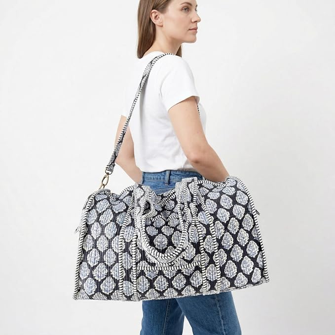ATOSII Handblock Print 100% Cotton Large Quilted Duffle Bag for Overnight Trip, Travel Weekend Bag, Luggage, 2 Pockets with Zipper, 1 Front Pocket, Detachable Long Strap, 20 X 10 X 12 Inches, Gracie - Image 3