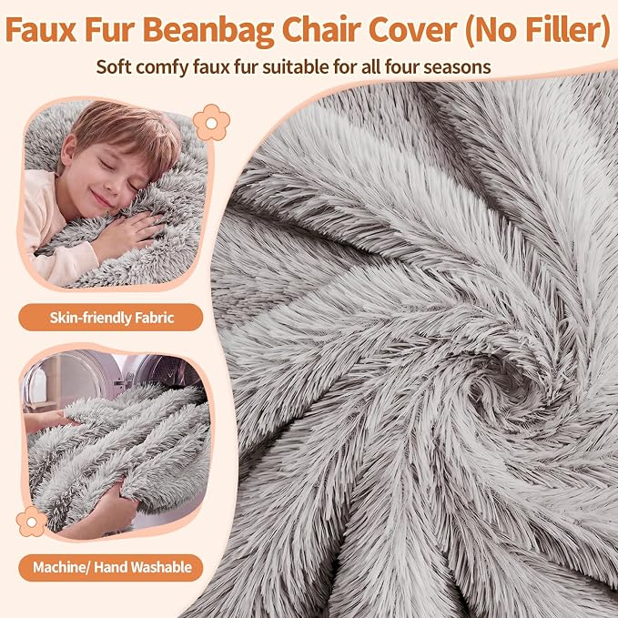 Stuffed Animal Storage Bean Bag Chair Cover, Soft Bean Bag Cover | Fluffy Faux Fur Stuffed Animal Storage Chair, Non-Slip Bottom, Fill with Plush Toys or Blankets, for Kids Teens Adults Girls - Image 4