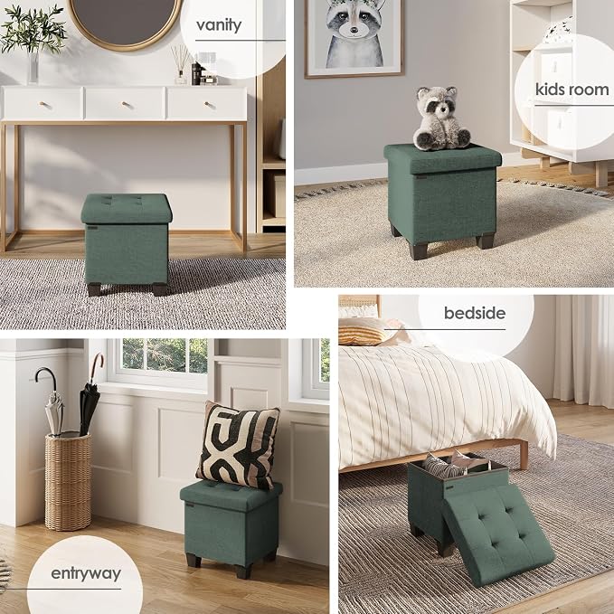 Storage Ottoman Cube with Small Bin, 15-in Square Ottoman with Storage for Living Room and Bedroom, Small Ottomans Foot Rest, Fabric Foot Stools Ottomans Max 330lbs, Green - Image 5