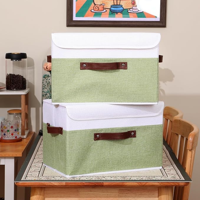 ANMINY Fabric Storage Box Bins with Lids, Green White, 15"x10"x10", 2 Pack | Keepsake Memory Storage, Cotton Linen, PP Board Reinforced, Washable, PU Handles, Foldable & Stackable, Decorative, Large - Image 6