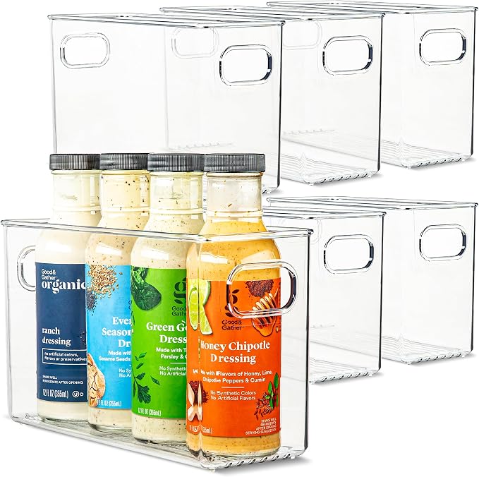 Plastic Food Storage 6 Pack Clear Container Bin with Handles for Organizing Kitchen, Pantry, Refrigerator, Freezer, Pantry, Cabinet, Closet, Bathroom. 10”x4”x6” by primebox