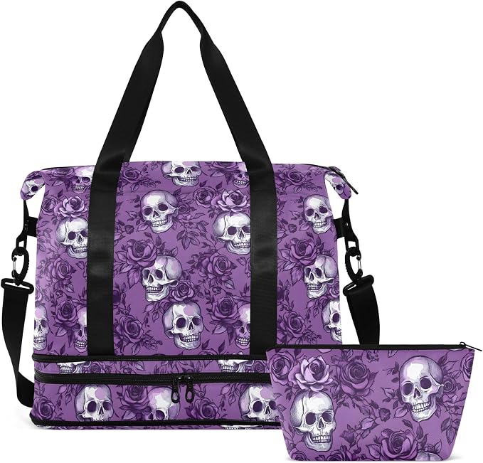Travel Duffel Tote Bag Purple Rose Skull Sports Duffel Bag with Wet Pocket Weekender Overnight Bag for Women Men Gym Bag, Carry On Bag Hospital Bag for Labor and Delivery by MNSRUU
