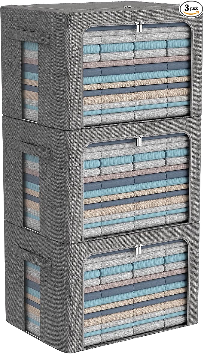 CYhom 3Pack Foldable Storage Bins - Frame Storage Box Linen Fabric Stackable Clothes Container Organizer with Clear Window & Carry Handles Large Capacity (Large-66L, Dark Gray) by CYhom