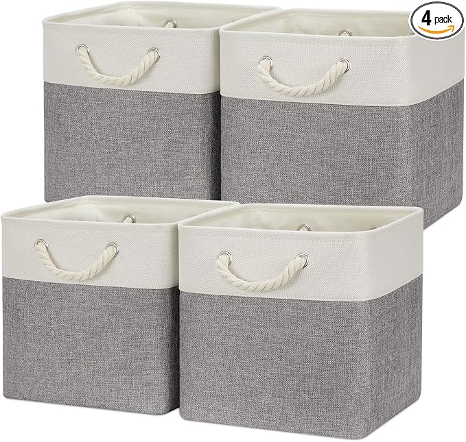 Temary Fabric Baskets 12 Inch Storage Cubes Basket with Handle, Clothes Baskets for Gift, Large Bins for Organizing Books, Blankets (White&Gray) by TEMARY