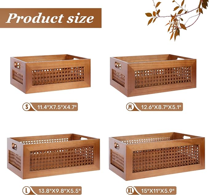 Rattan Wooden Box Set of 4 Handmade Decorative Storage Basket with Handles | Natural Bamboo Woven Storage Basket Rustic Farmhouse Decor Home Office Tabletop Shelf Drawer Closet Desk Organizer, Brown - Image 4