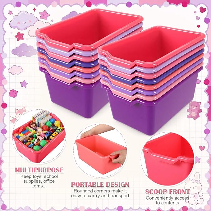 16 Pcs Cubby Bins for Classroom Plastic Book Bins,Pink Series | Storage Bins for Classroom Library, Plastic Stackable Toy Tubs Containers for School Office Home Nursery Playroom - Image 3
