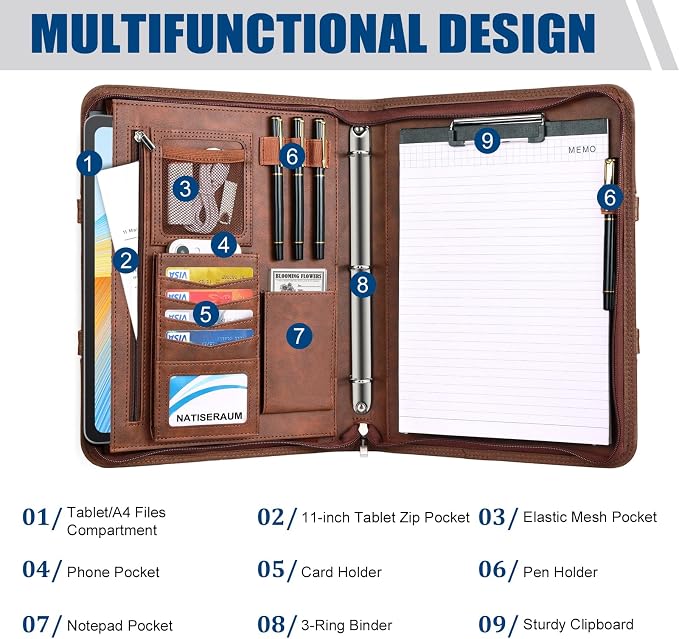 Padfolio Portfolio Binder with Handle, 3-Ring Folder Organizer, Vegan Leather Portfolio with Notepad Includes 5 Dividers with 10 Pockets for Documents Filesfor Documents Files and 1 Pen - Image 4