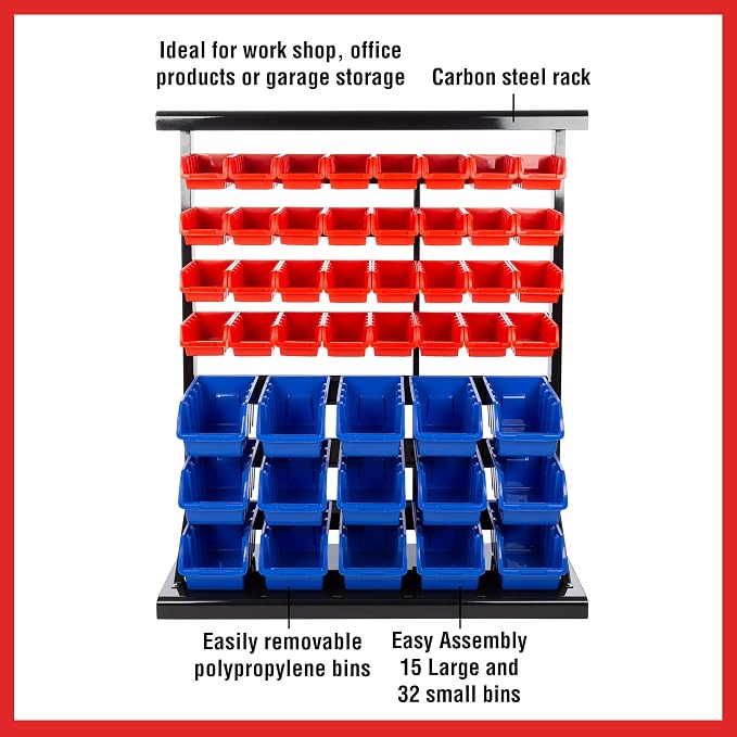 47-Bin Garage Organization Rack (15 Large, 32 Small) - Tabletop or Wall Mount Steel Rack with Removable Stackable Garage Storage Bins, Small Parts Organizer for Hardware or Office Supplies by Stalwart - Image 4