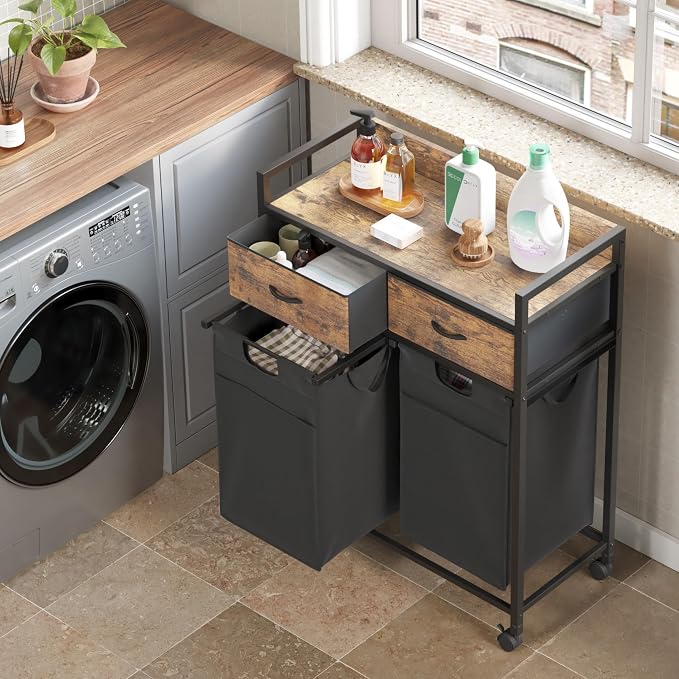 Mondeer 100L Laundry Sorter 3 Section with 3 Bags 4 Wheels 2 Drawers | 50L x 2 Pull-Out Laundry Hamper Baskets Removable for Laundry Room Bathroom - Image 6