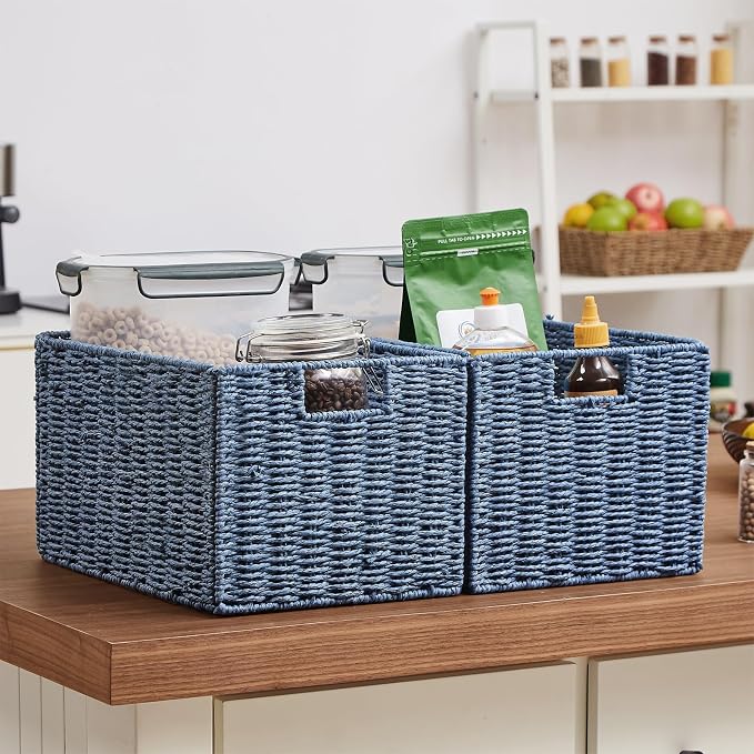 Wicker Storage Basket, Set of 2 Hand-Woven Paper Rope Wicker Basket, Small Storage Baskets for Organizing Toilet Paper Basket, Foldable Large Cube Storage Organizer Bins for Shelves (Blue) - Image 7