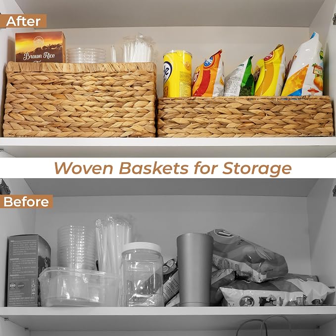 2-Pack Handwoven Water Hyacinth Storage Baskets with Handles, Wicker Bins for Pantry Organization, Shelf or Closet Organizer, Decorative Boho Rectangular Basket 13.5" x 8" - Image 5
