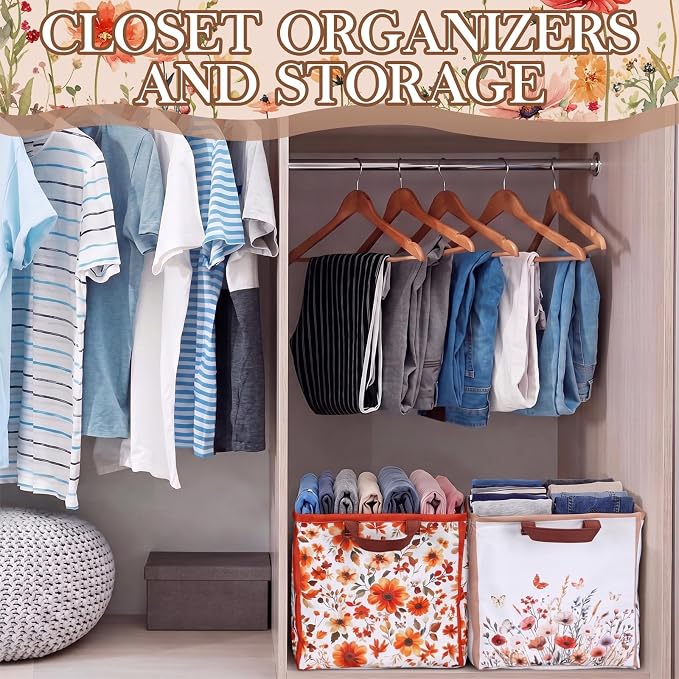 Fourluoo 6 Pack Floral Storage Basket with Handles Clothes Storage Basket Bin Foldable Box Bins Organizer for Closet Shelf Nursery Kid Room Book Toy Chest(6, Fall Flowers) - Image 6