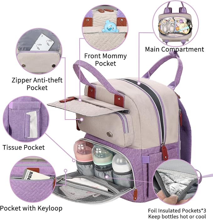 Diaper Bag Backpack, Large Unisex Baby Bags for Boys Girls, Purple Baby Nappy Diaper Bag, Multipurpose Travel Back Pack for Moms Dads with Insulated Pockets and Stroller Straps - Image 2