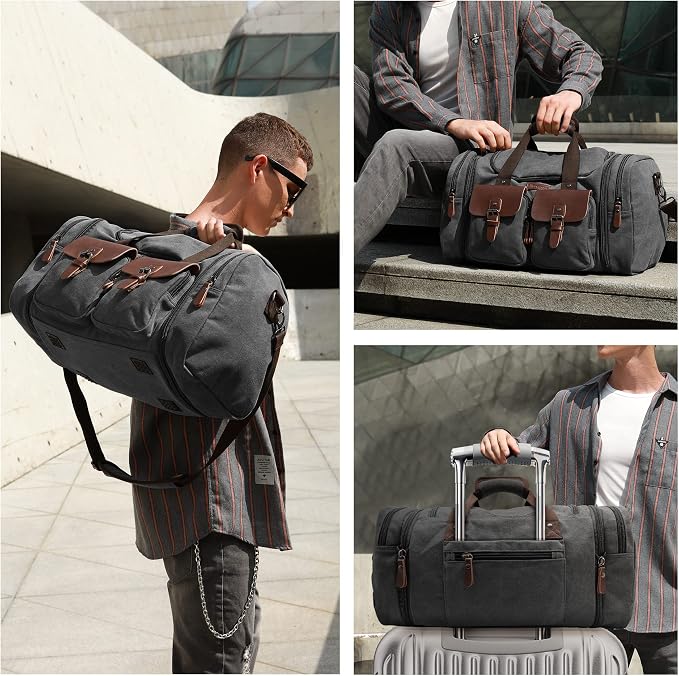 Wildroad Canvas Duffle Bag - 60L Expandable Weekender Overnight Travel Bag | Gifts for Men, Holiday Birthday Gift for Dad, Husband & Partner, Carry-on Size - Image 3