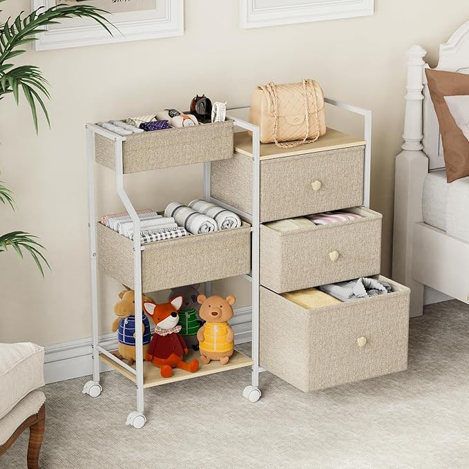 Modanais Baby Diaper Caddy Organizer Rolling Cart with Drawers, Off White | Detachable Dividers, 3 Tier Rolling Cart, Mobile Utility Cart with Wheels for Nursery, Bedroom, Changing Table & Crib - Image 4