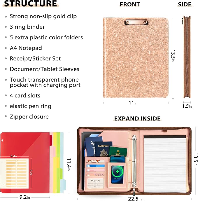 Leather Clipboard with Storage, Zippered Padfolio Portfolio Organizer, 3 Ring Binder 1 Inch, Notepad, Tablet Sleeve, 5 Dividers with Pocket, Stickets for Office, Nurses, Students, Teachers Rose Gold - Image 2