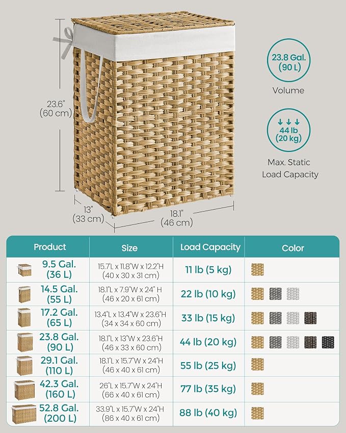 SONGMICS Laundry Hamper with Lid, 23.8 Gallon (90 L) Synthetic Rattan Clothes Laundry Basket with Lid and Handles, Foldable, Removable Liner, Goose Yellow ULCB51NL - Image 7
