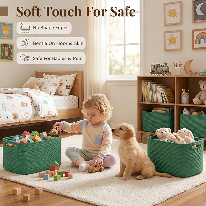 OIASKET 4Packs Natural Cotton Rope Storage Baskets for Organizing Toys, Clothes, Towels & Books, Soft Versatile Organizers for Shelves, Home Decorative Bins, 13''Lx9''Wx7.8''H, Green - Image 4