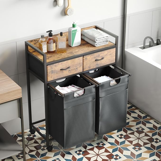 Mondeer 100L Laundry Sorter 3 Section with 3 Bags 4 Wheels 2 Drawers | 50L x 2 Pull-Out Laundry Hamper Baskets Removable for Laundry Room Bathroom - Image 7