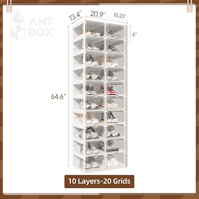 ANTBOX Collapsible Shoe Boxes Clear Plastic Stackable, Quick Setup Drop Front Shoe Organizer, Display Storage Cabinet for Sneakers10 Tiers 20 Pairs - Image 3