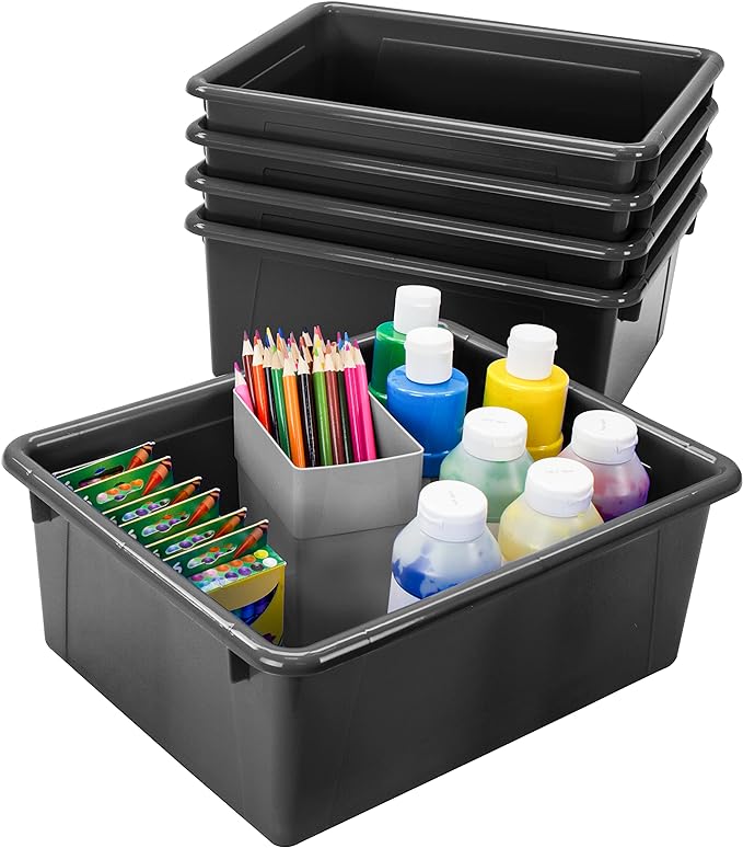 Storex Letter Size Deep Storage Tray – Organizer Bin for Classroom, Office and Home, Black, 5-Pack (62523A05C), 10 x 13 x 5 Inches by Storex