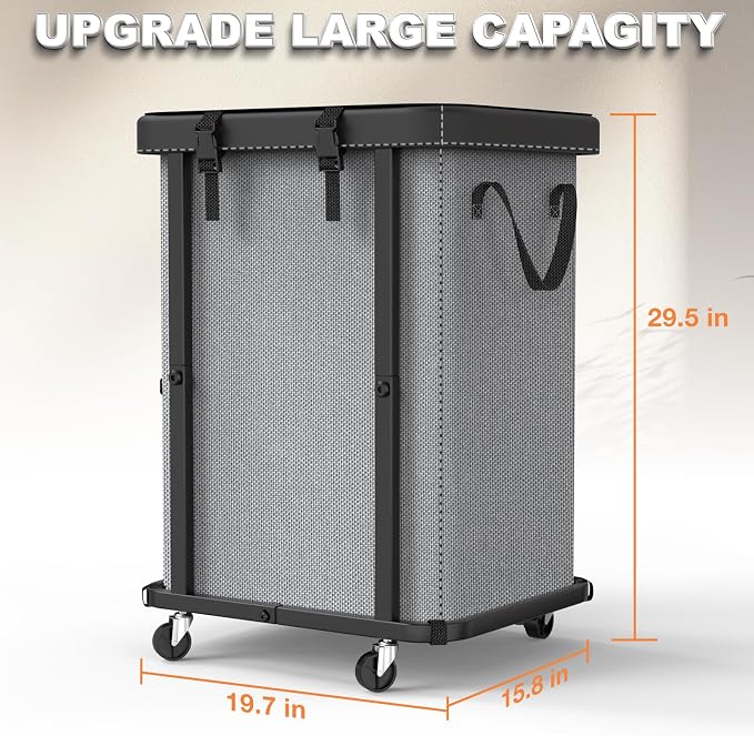 Laundry Basket with Wheels,150L (40 Gal) Rolling Hamper Carts - Gary | Leather Patchwork Laundry Hamper,Sturdy Metal Frame, Removable Washable Bag, Tall Clothes Sorter for Bedroom, Laundry Room - Image 6