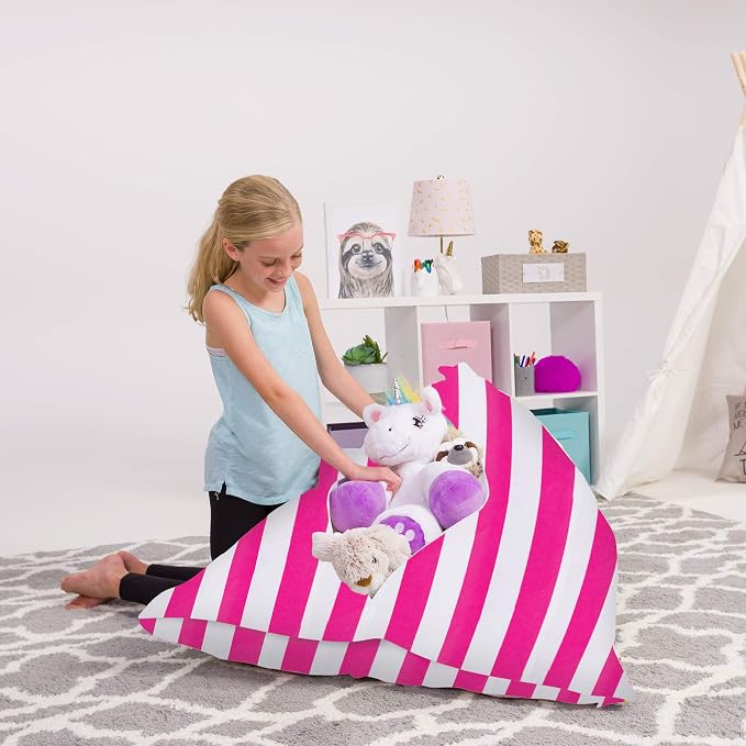 Posh Creations Stuffed Animal Storage Bean Bag Chair Kids, Teens and Adults-Stuffie Seat Cover ONLY, 200L-Large, Canvas Stripes Pink and White by PoshCreations