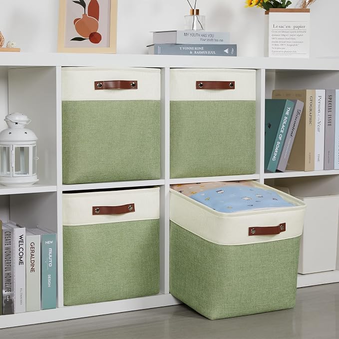 DULLEMELO Storage Baskets for Organizing, Linen Closet Organizers and Storage Baskets for Dog Box, 13 Inch Decorative Cube Storage Bins with handle for Gift Basket(4 Pack - 13" White&Green) - Image 7