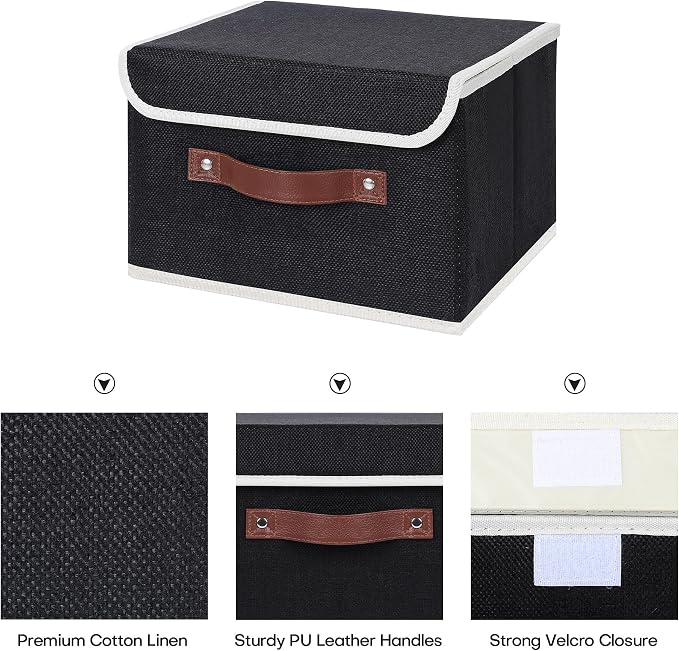 ANMINY Fabric Storage Box Bins with Lids, Black, 15"x10"x10", 2 Pack | Keepsake Memory Storage, Cotton Linen, PP Board Reinforced, Washable, PU Handles, Foldable & Stackable, Decorative, Large - Image 2
